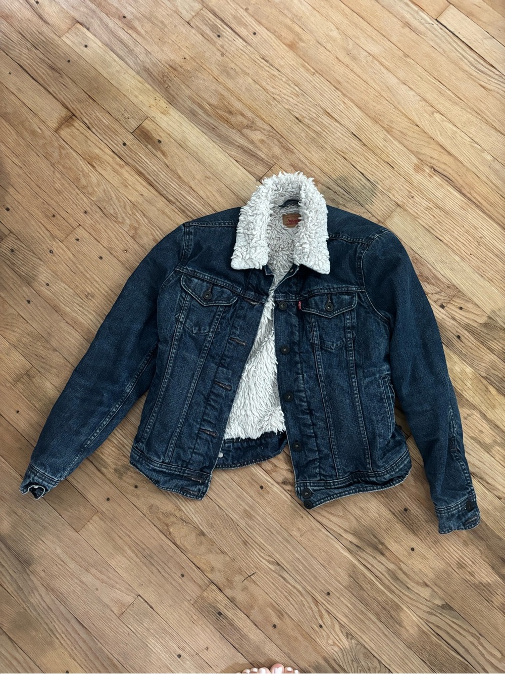 Levi's Dark Blue Denim Sherpa-Lined Jean Jacket with Cream Sherpa